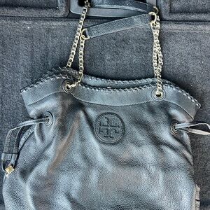 Tory Burch Black Leather Satchel with Gold Chain